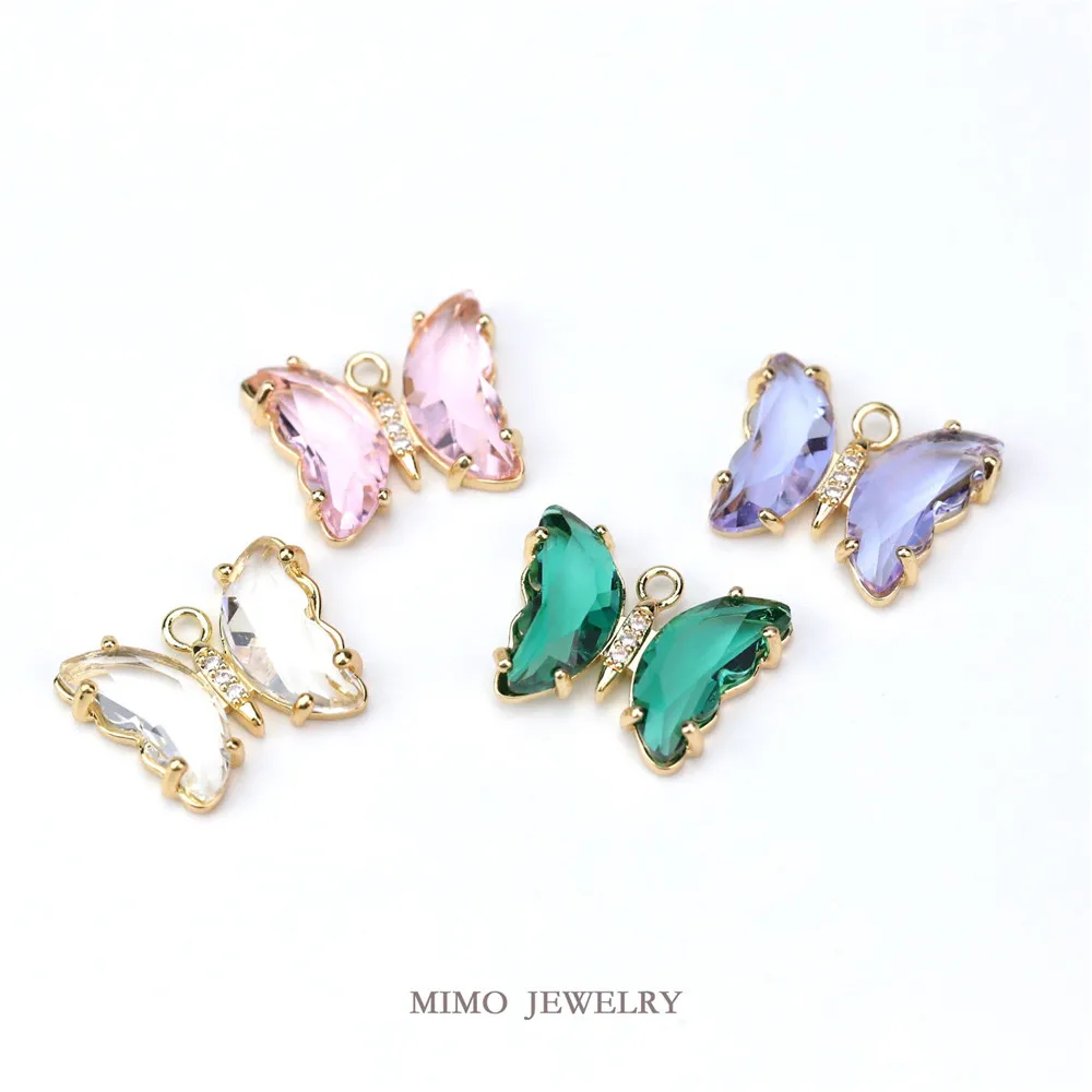 

Color-preserving copper plated gold micro-inlaid zircon rare earth glass dream butterfly DIY handmade pendant