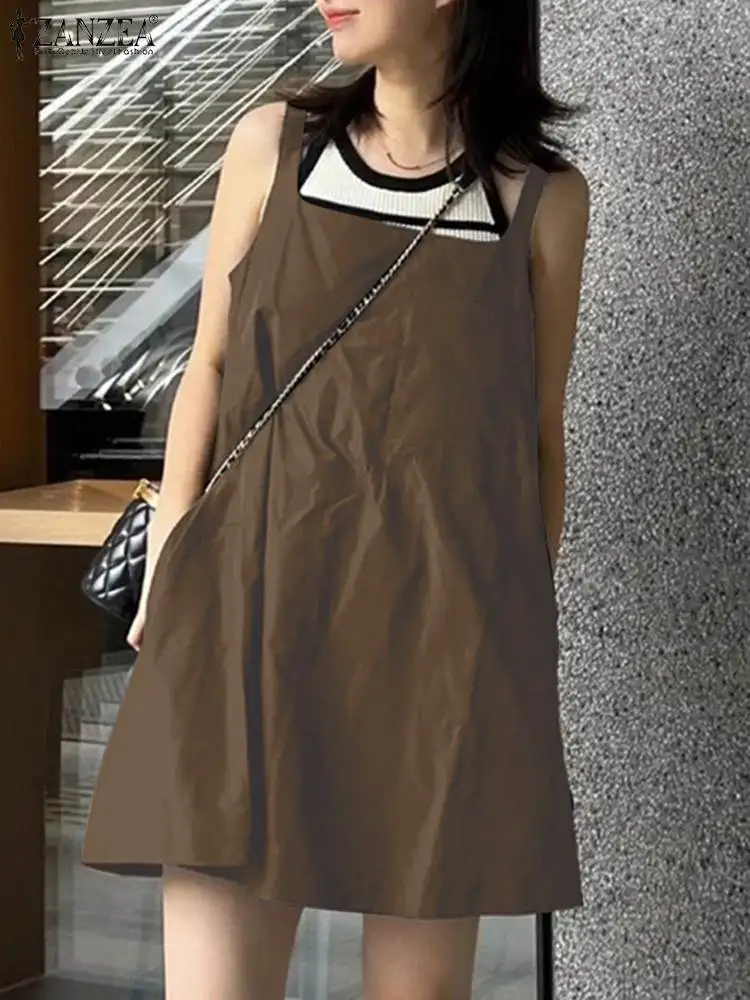 

Women Fashion A-line Mini Dress ZANZEA Casual Sleeveless Streetwear Solid Color Suspender Dresses Summer Square Neck Short Robes