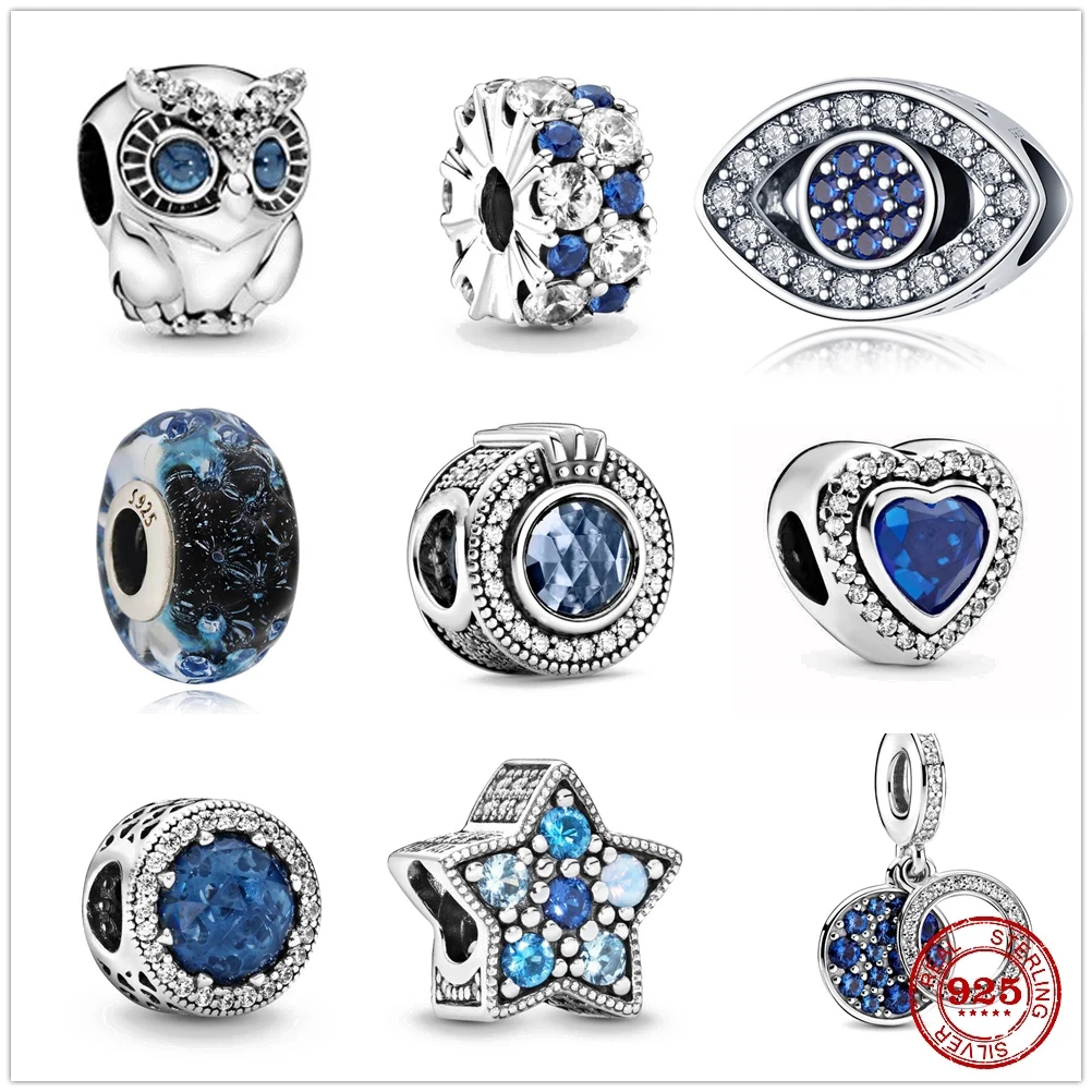Новый оригинальный серебряный блестящий синий океанский сова бусинка подходит для браслетов Pandora Charms 925 бусин для женщин, модные украшения для создания своими руками.