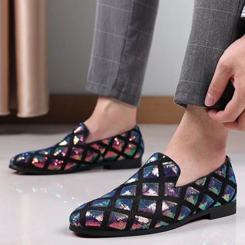 New Arrival Plaid Glitter Loafers Bling Summer Shoes For Men Handmade Breathable Mocasines Casual Shoes Dress Shoes