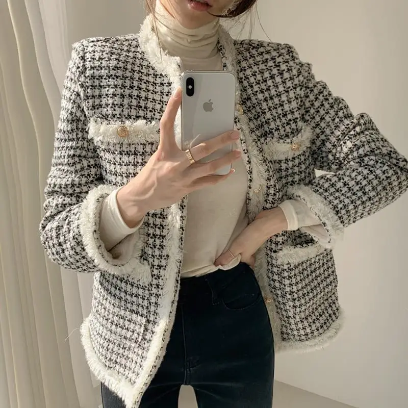 

Chic Women Houndstooth Tweed Blazers Jacket Autumn Winter Thicken Lambswool Tassels Checked Suits Coat Plaids Cardigan Tops