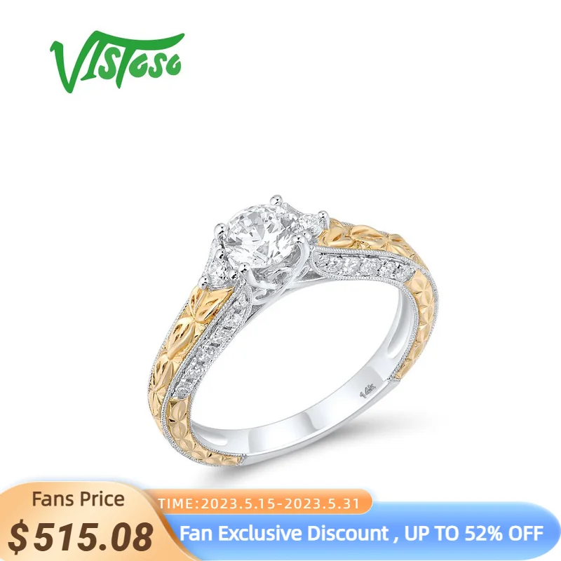 

VISTOSO Genuine 14K 585 Yellow Gold Diamond Rings For Women Sparkling Round White CZ Main Stone Engagement Luxury Fine Jewelry