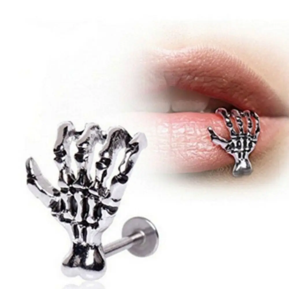 Hot Sale Skull Hand Bone Lip Stud Earrings Stainless Steel Piercing Jewelry Punk Skull Shape Devil Hand Lip Ring Pierced Earring
