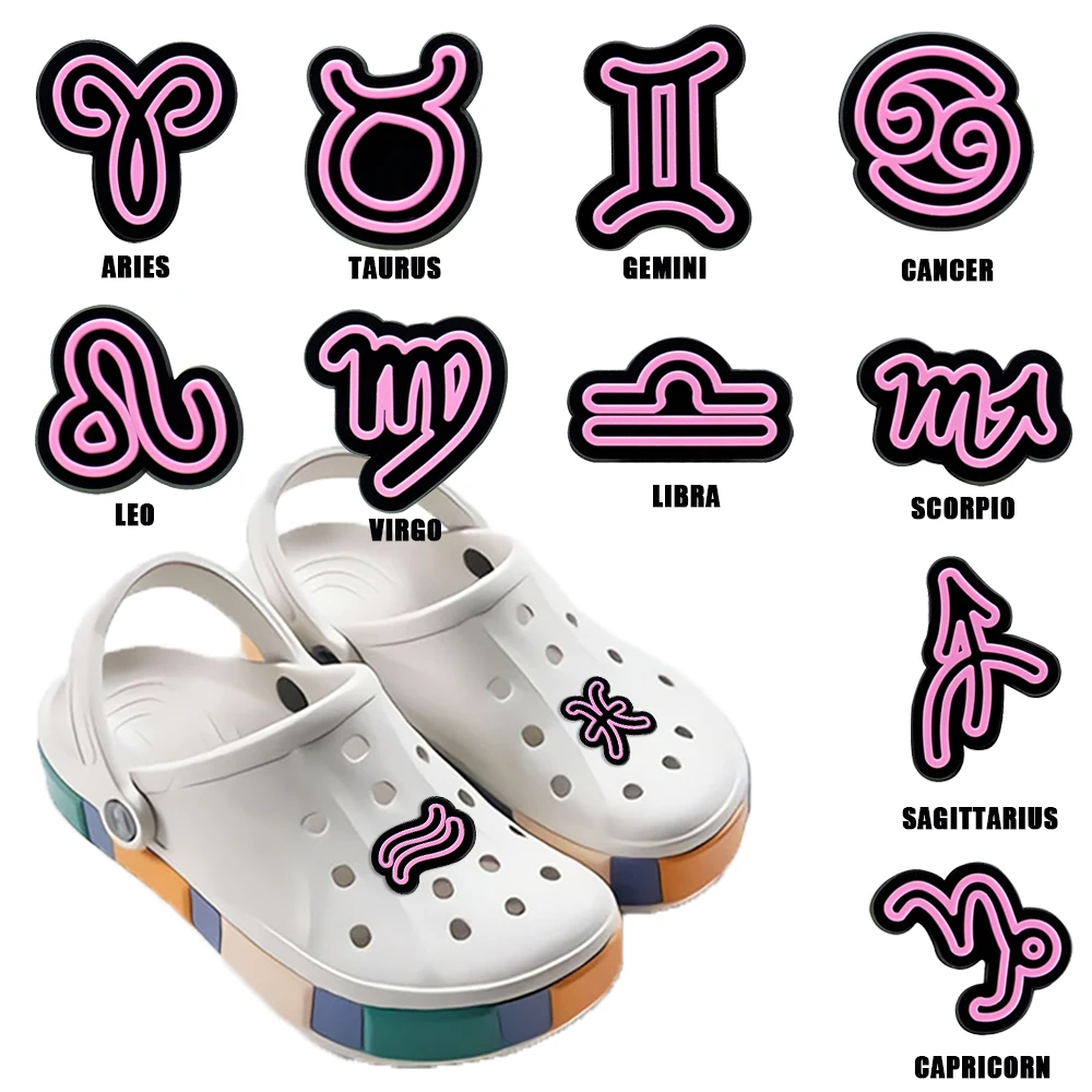 

1pcs Pink 12 Constellation Symbol Croc Charms for Women Girls Taurus Leo Shoe Charms Decorations Accessories Croc Jeans for Kids