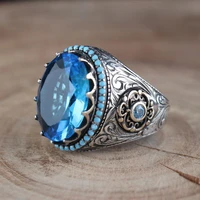 retro handmade turkish signet ring for men women ancient silver color carved ring inlaid blue zircon party punk motor biker ring