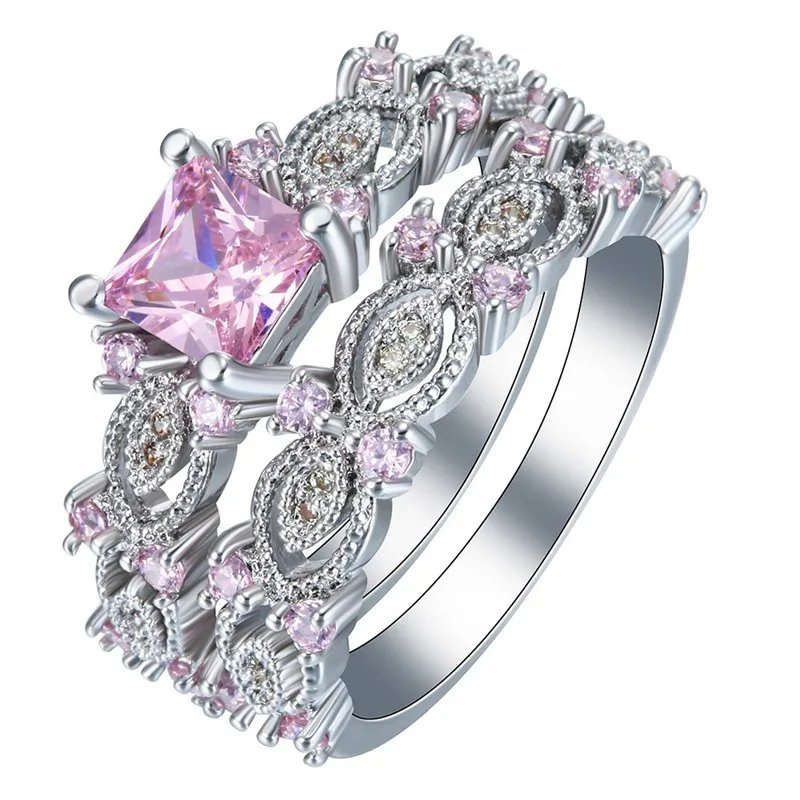 

Women's 2 Piece/Set Wedding Rings Cutout Pattern Luxury Set Pink Crystal Jewelry Accessories Elegant Couple Rings Wholesale