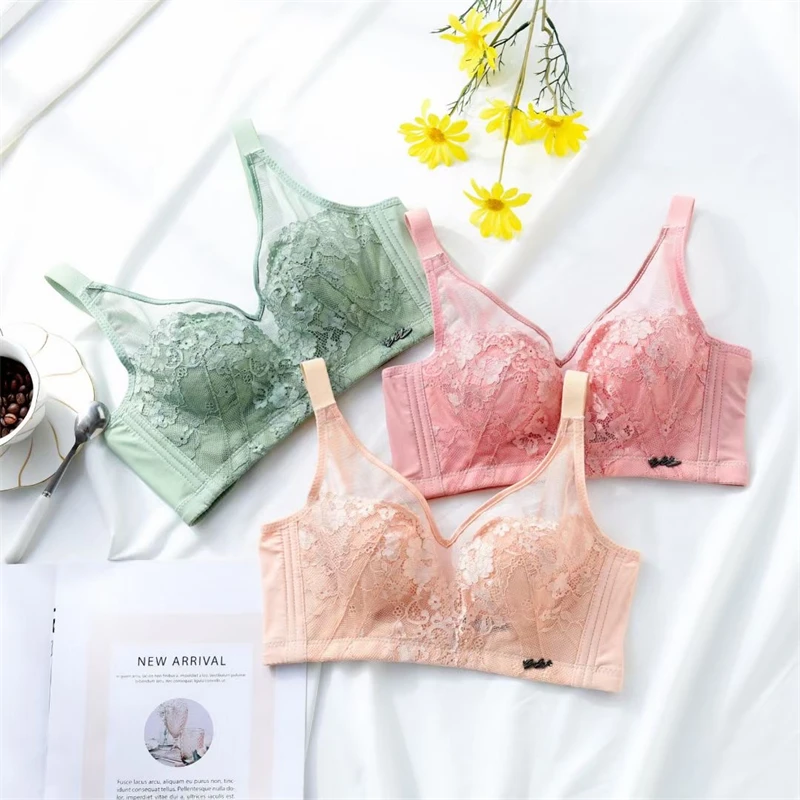 

Crystal Cup Ultra-thin Underwear Female Summer Thin Bra Big Breasts Show Small Non-wire Breathable Rabbit Ears Adjustable Beauty