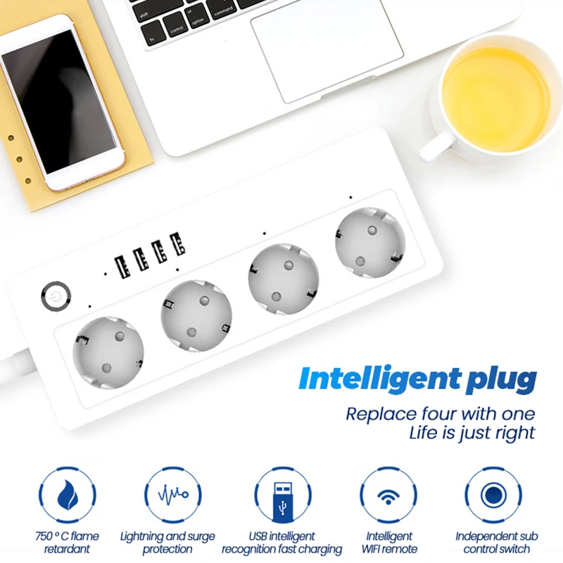 Фото Умная розетка Tuya Smartlife, Wi-Fi, удлинитель, мульти-вилка с 4 вилками, 4 USB-порта, совместимая с Alexa Google Home, умным домом №2