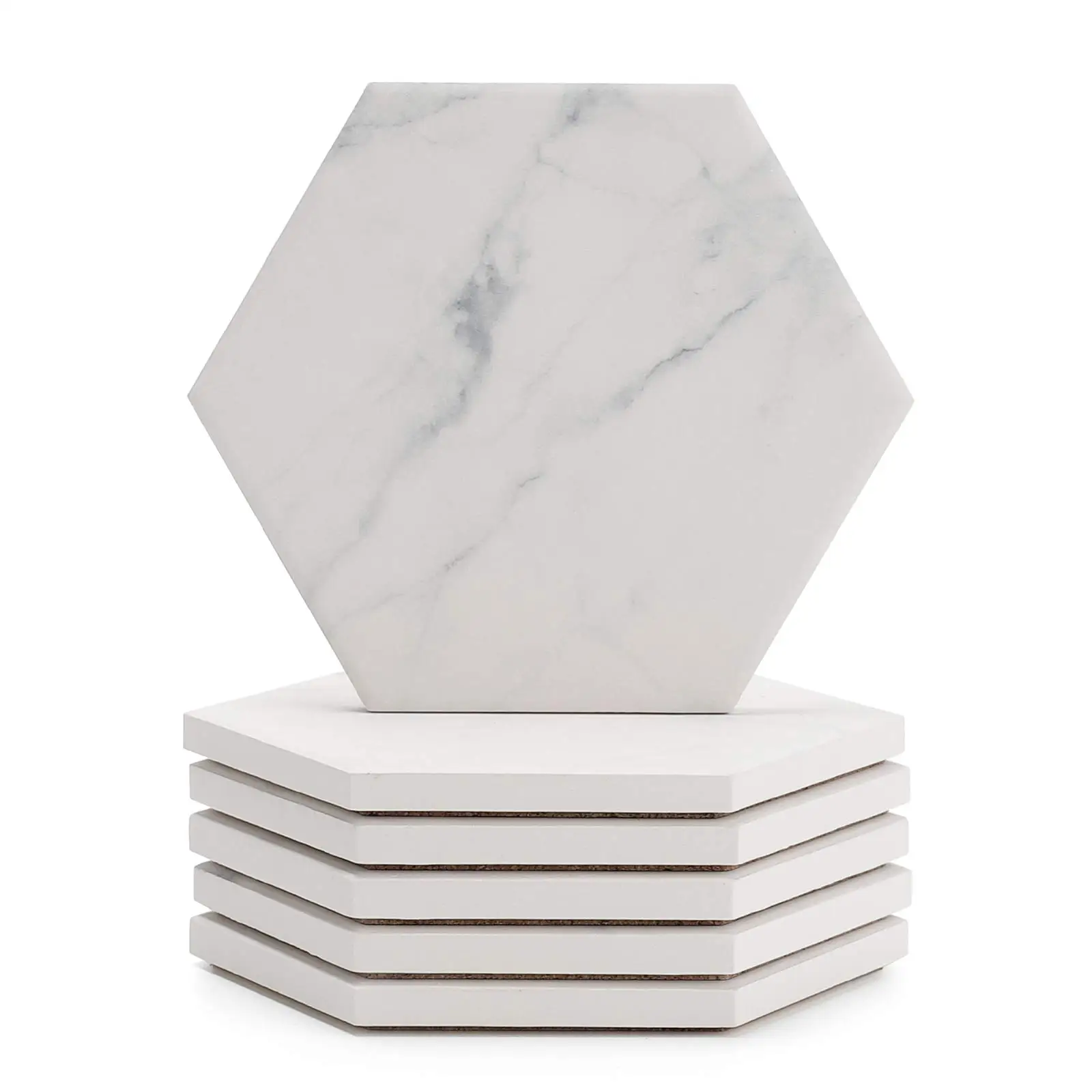

White Marble Pattern Absorbent Coasters For Drink With Cork Back Prevent Furniture From Dirty Spills Water Ring And Scratched