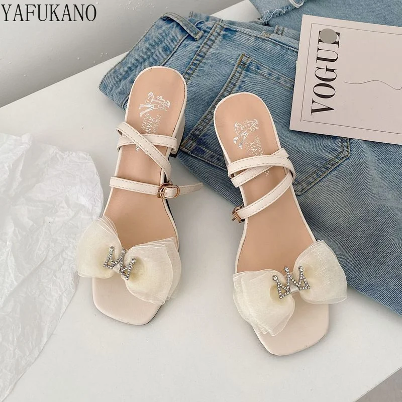 

Fairy Style Fashion Sandals Female Summer New Bow Rhinestone Crown Decor Temperament One Word High Heels Open Toe Party Shoes