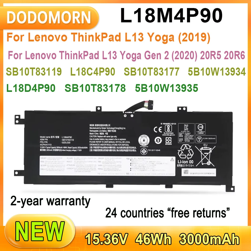 Новый аккумулятор емкостью 3000 мАч для ноутбука Lenovo ThinkPad L13 Yoga (2019) Gen 2 (2020) 20R5 20R6