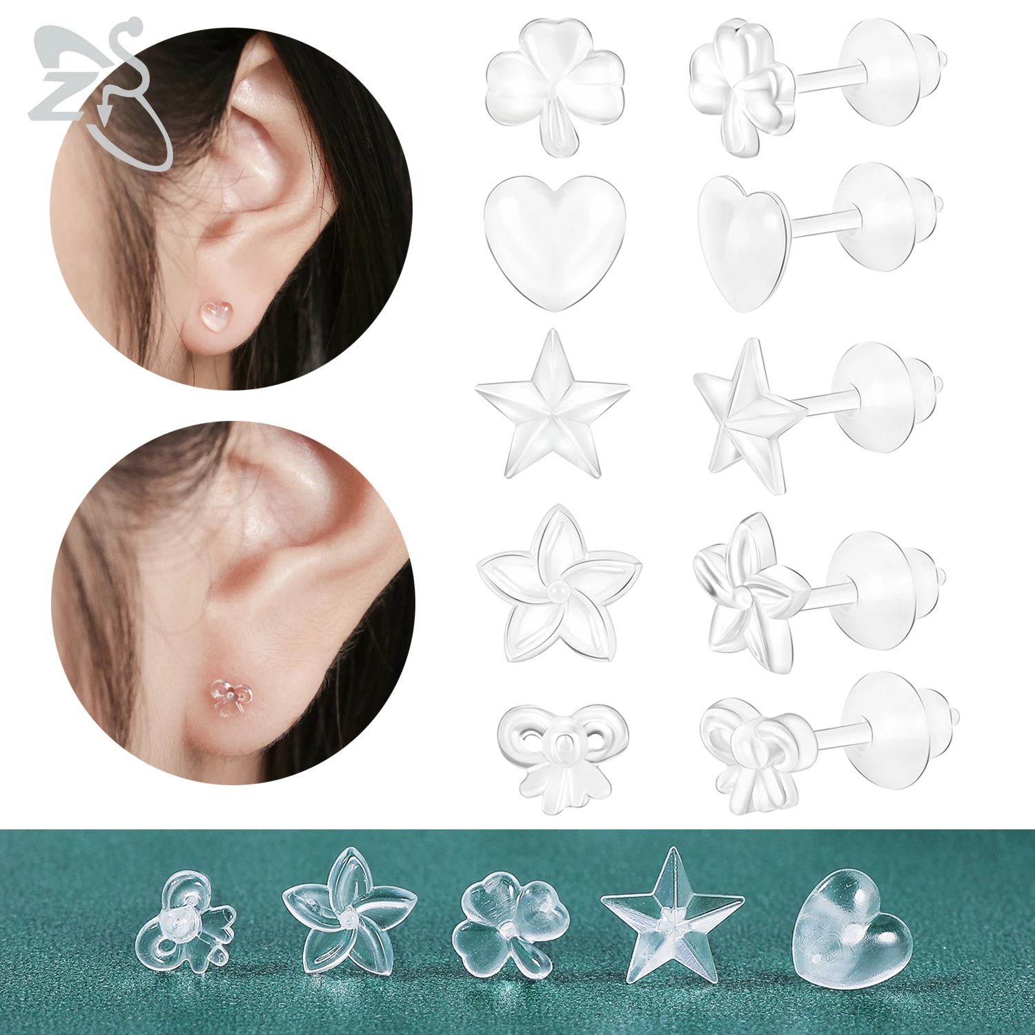 

ZS 1-5 Pairs Invisible Resin Clover Heart Shape Stud Earring For Women Men 20g Transparent Ear Pins Rubber Back Ears Accessories
