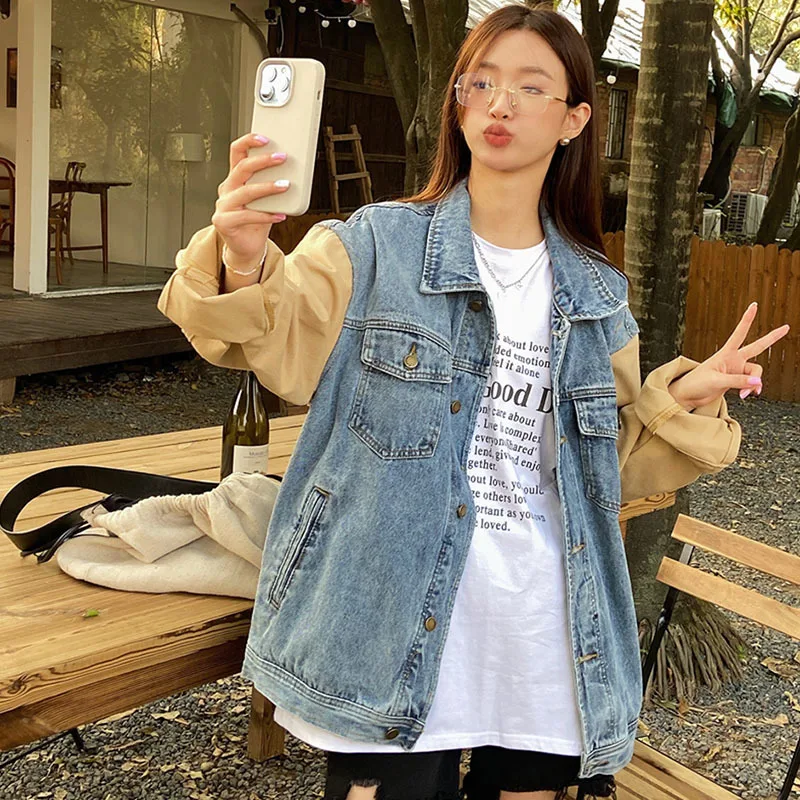 

Vintage Light Blue Denim Jacket Women Contrast Color Splicing Single-breasted Casual Lapel Long Sleeve Autumn New Female Clothes