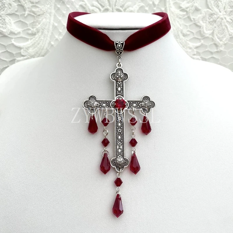

Large Cross Choker, Red Goth Choker, Gothic Cross, Goth Cross Velvet Choker, Red Velvet Choker with Cross, Velvet Cross Choker,