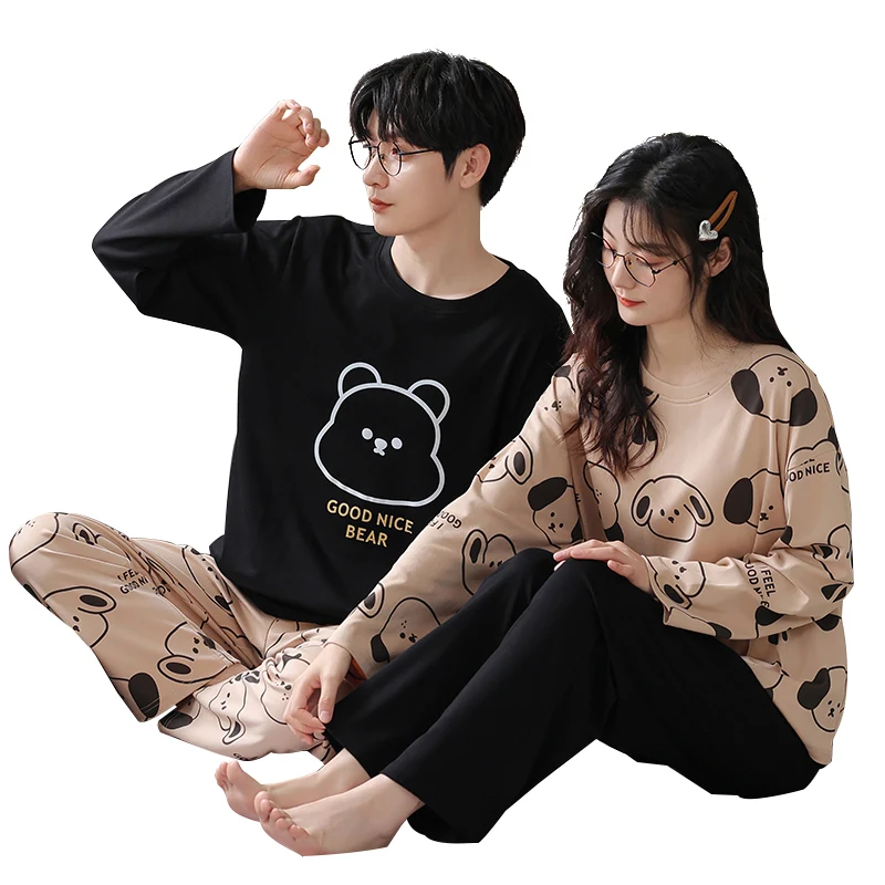 Пижамные комплекты для пар милая мультяшная одежда отдыха из 100% хлопка с длинным
