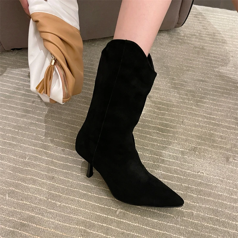 2023 Autumn Winter Women's Chelsea Boots Pointed Toe Ladies High Heels New Fashion Mid-calf Pointed Toe Modern Boots Botas Mujer