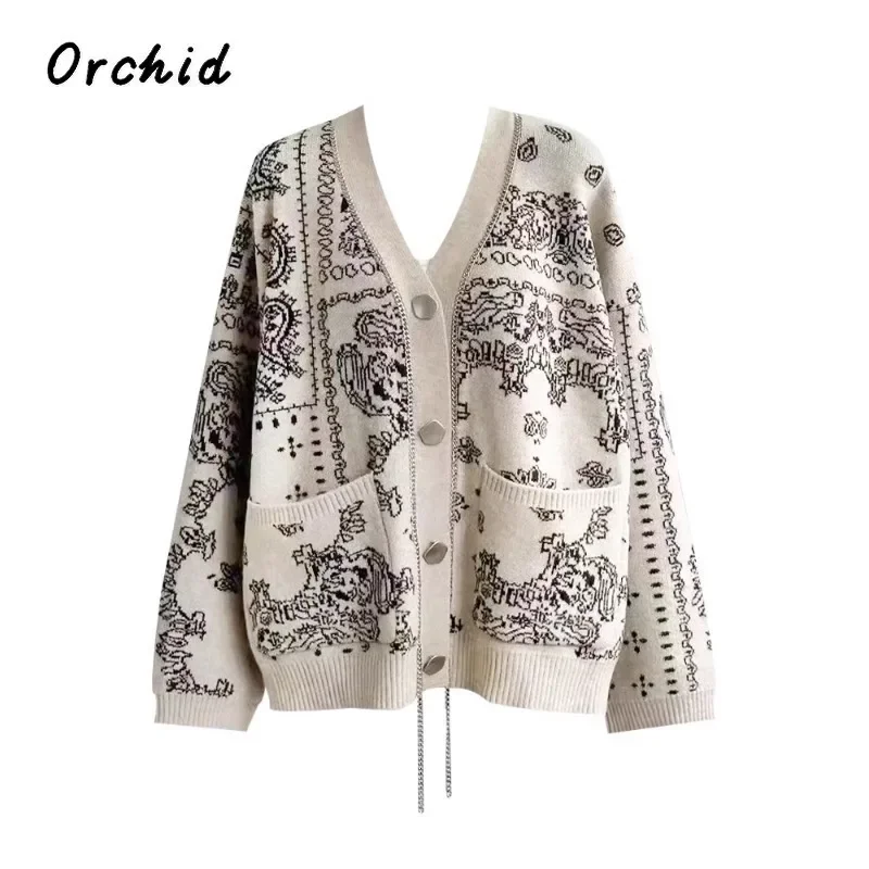 Женские модные вязаные джемперы с принтом зима 2024 винтажный повседневный