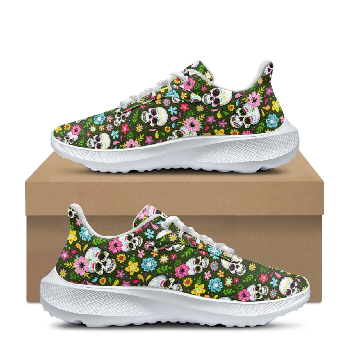 

Luxury Horror Skull Floral Print Women's Casual Sneakers Outdoor Sports Comfort Running Shoes Men Training Shoes Halloween Gift