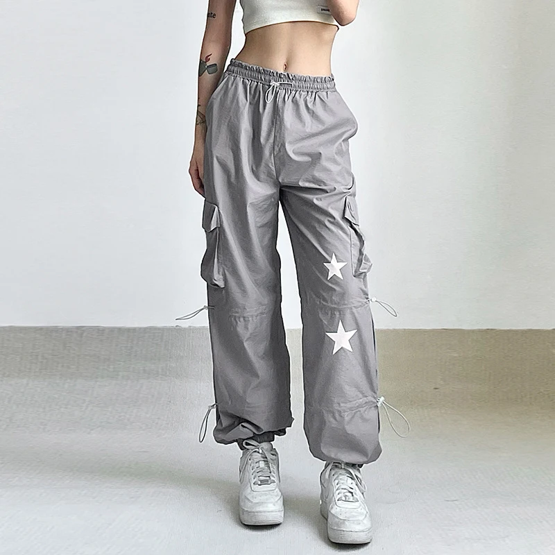 

Брюки-карго женские с высокой талией, модные повседневные эластичные прямые длинные штаны с принтом звезд, с боковыми карманами, уличная од...