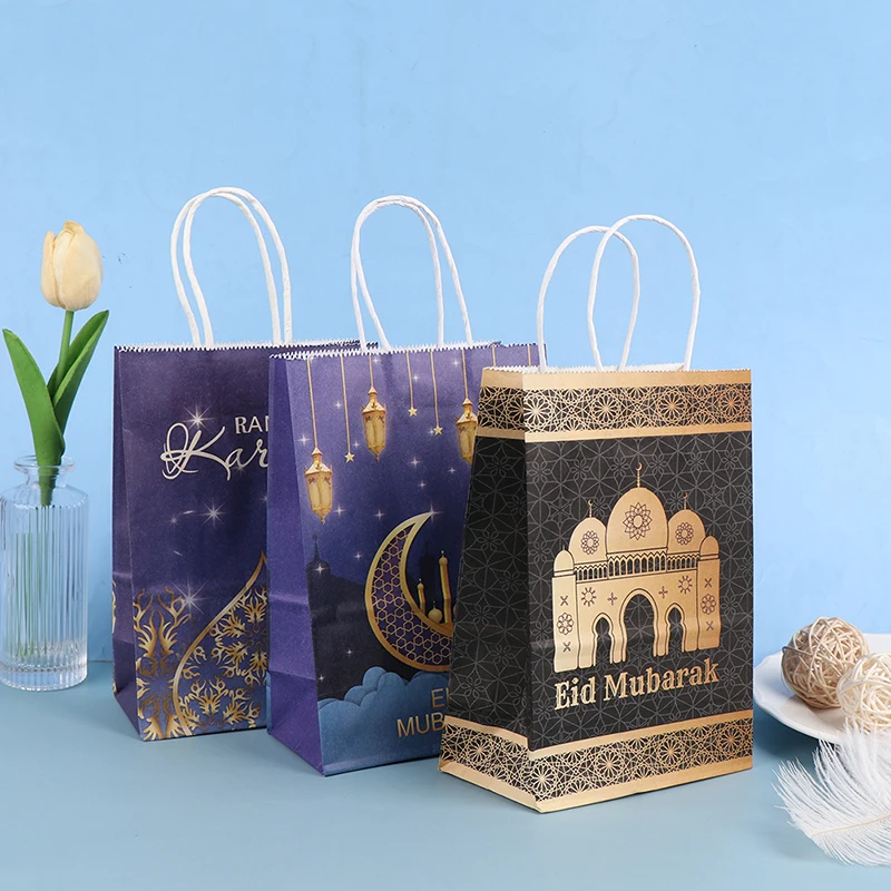 

10 шт. Eid Mubarak подарочные пакеты из крафт-бумаги мусульманский фестиваль упаковка для печенья конфет коробка Рамадан кареем праздничные прин...
