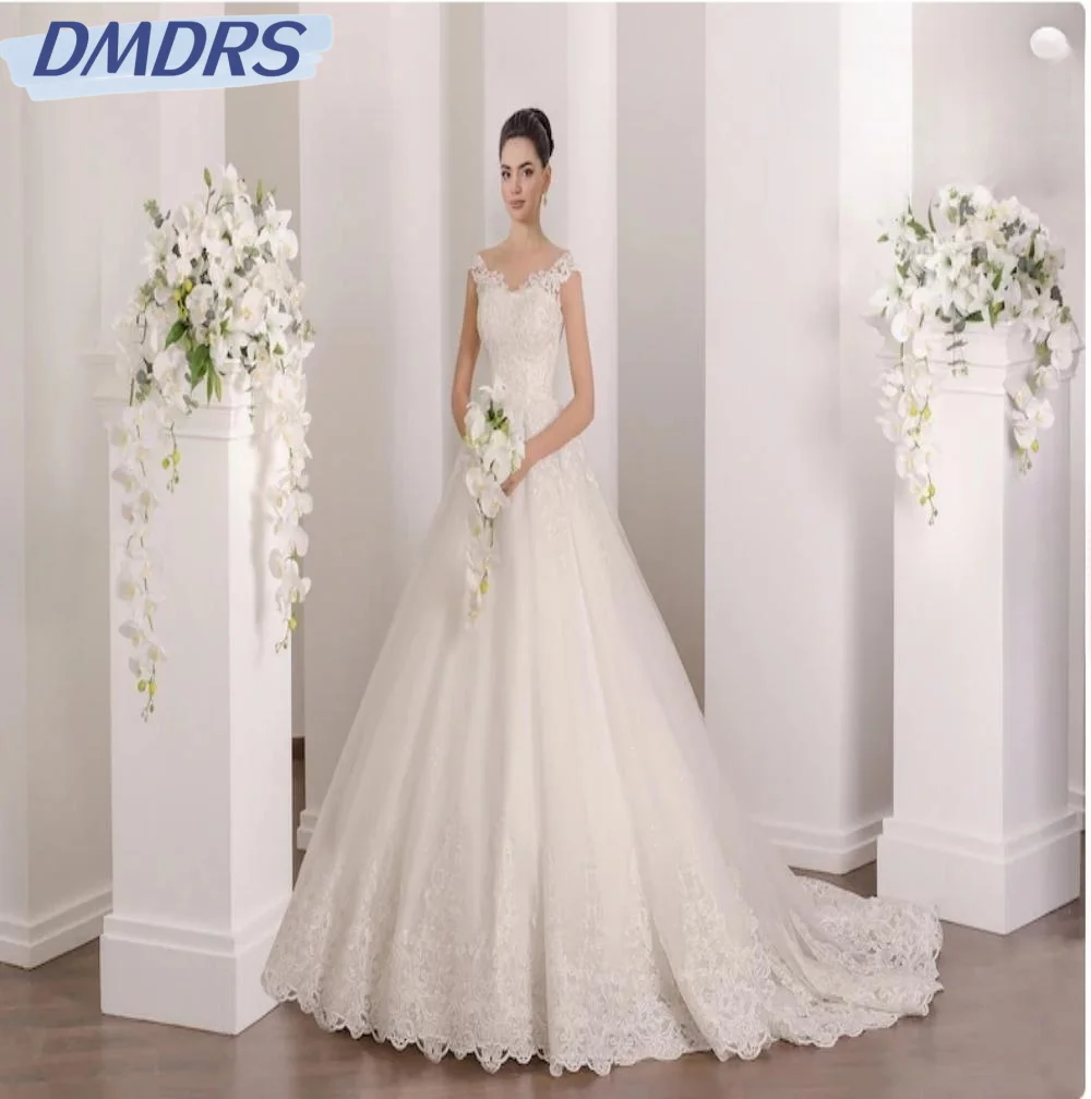 

Classic Lace Appliques Wedding Dress Elegant A-line Floor-length Bride Robe Vintage Lace Up Bridal Gown Robe De Mariée