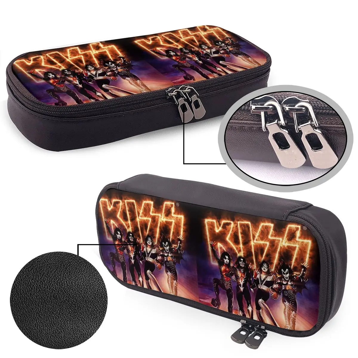 Фото Кожаный пенал KISS The Band - Destroyer Fire Log для студентов, школьный пенал, сумка для ручек, канцелярские принадлежности, держатель для ручек №1