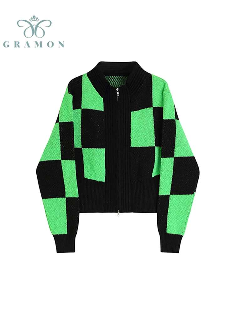 

Women Stand Neck Knitted Cardigan Vintage Contrast Color Plaid Knitwear Fashion Long Sleeve Zipper Autumn Sweater Femme Coats