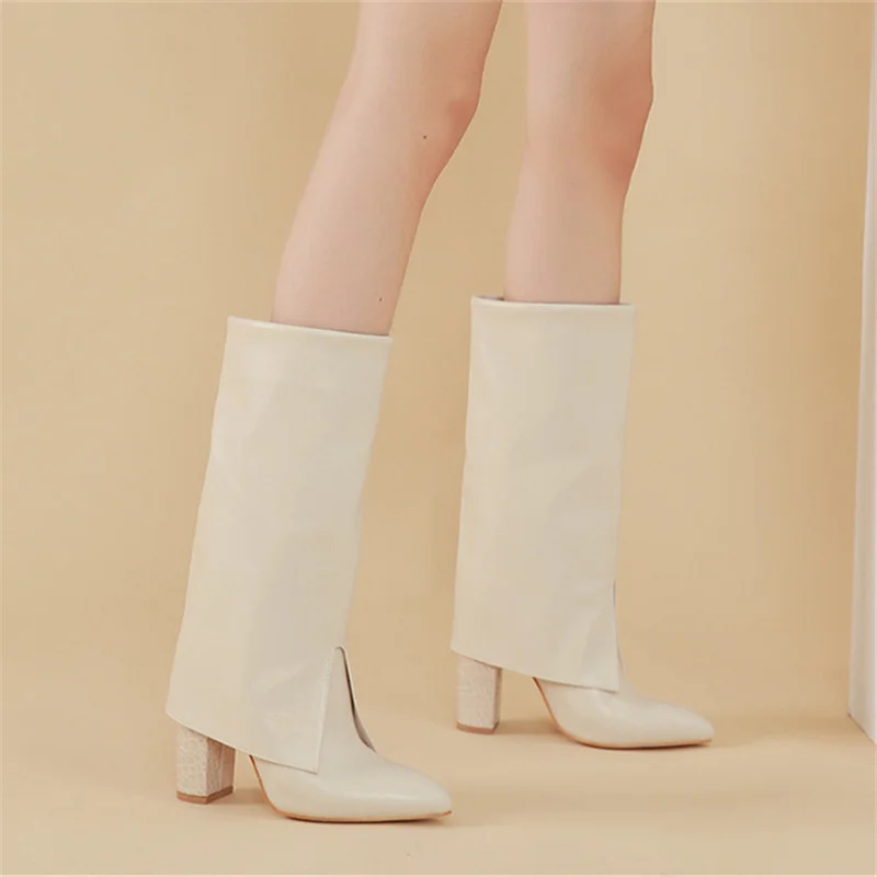 

Winter Sexy Women Boots Solid Color Size 35-42 Elastic Boots Pointed Toe Square Heels European American Style Ladies Long Boots