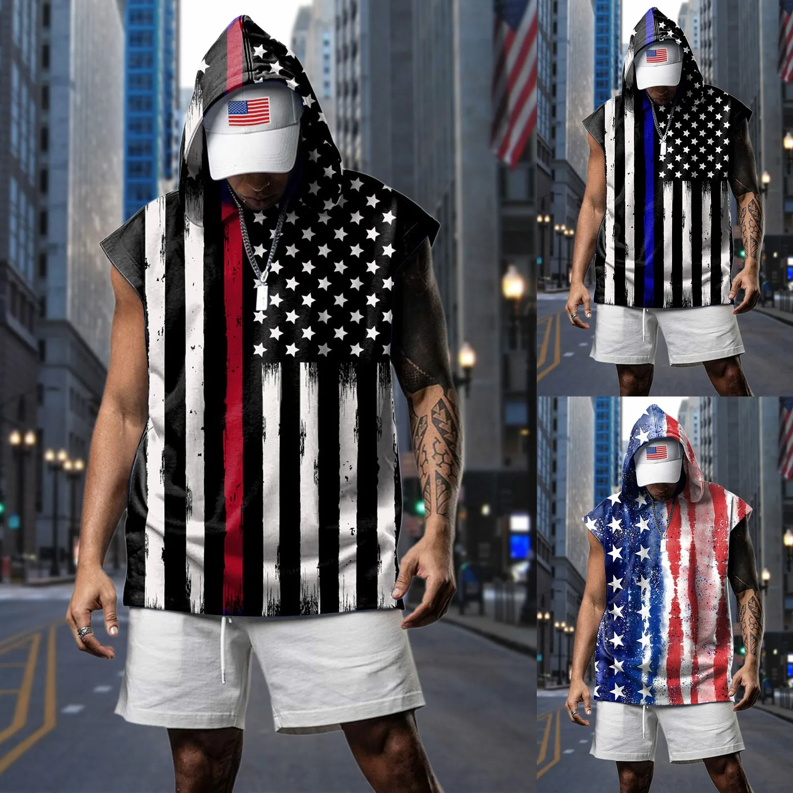 

Мужской повседневный спортивный топ без рукавов с капюшоном и флагом на День Независимости