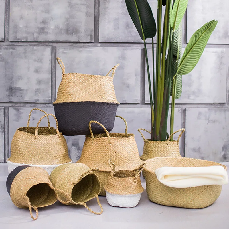 

1Pcs Storage Bellied Baskets Nordic Style Hanging Basket Woven Storage Pot Natural Seagrass Garden With Handle Storage Tools