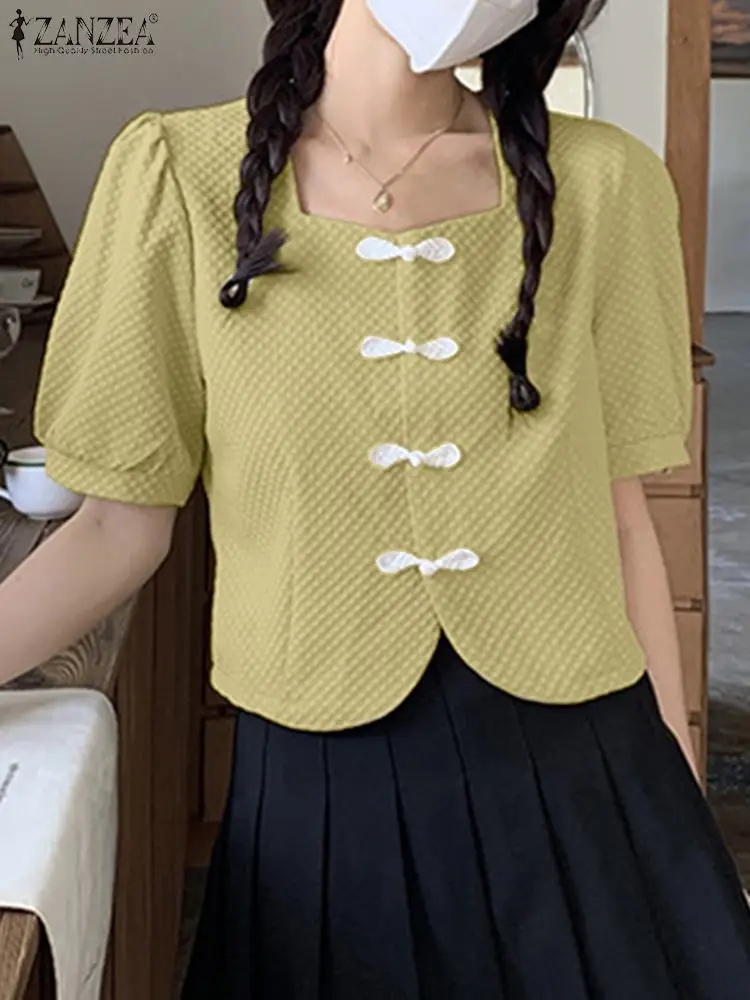 

Текстурированные блузки в Корейском стиле, модная женская блузка с квадратным вырезом ZANZEA 2022, летняя Милая рубашка с короткими рукавами-фон...