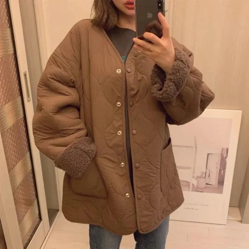 

Vintage All-match V Neck Single-breasted Pocket Coat Women Autumn Winter Plus Velvet Warm Women Clothing Fashion Loose Jackets