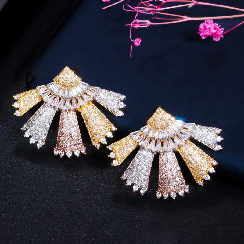 

ThreeGraces Luxury Full Cubic Zirconia 3 Tone Gold Color Big Geometric Stud Earrings for Women Brazilian Party Jewelry E1111