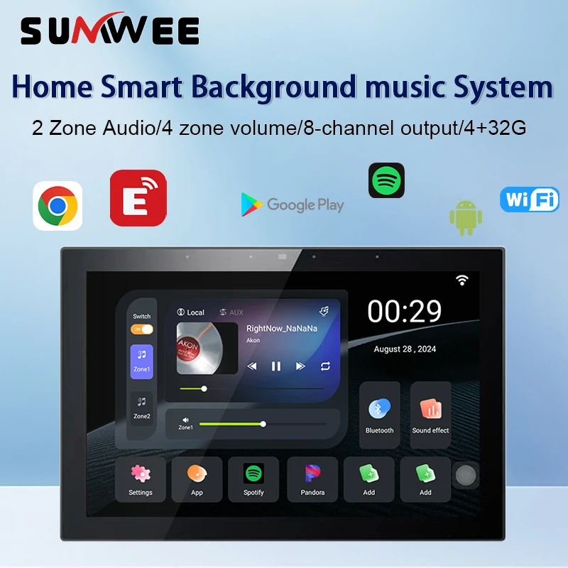 Фото Домашняя умная аудиосистема Android 4 + 32G Bluetooth настенный усилитель 10-дюймовый сенсорный экран фоновый музыкальный плеер панель управления звуком №1