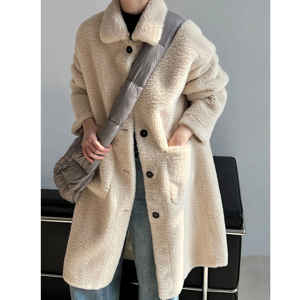 Новинка 2024 женское теплое меховое пальто плотное длинное из овечьей шерсти с