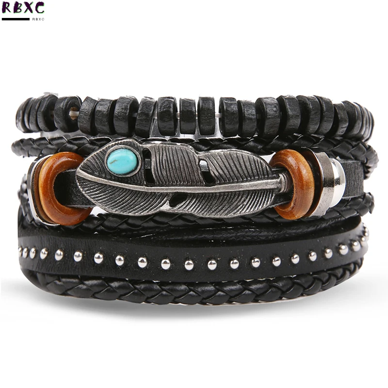 

RBXC Men Vintage Black Color Multilayer Leather Bracelets For Feather Leaf Design Charm Bracelet & Bangle Party Jewelry 2019