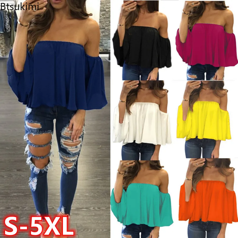 

Женская шифоновая блузка с открытыми плечами, с воротником-лодочкой