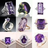 large purple square stone ring sliver hollow out geometric zircon rings for women engagement jewelry femme anel l5n507