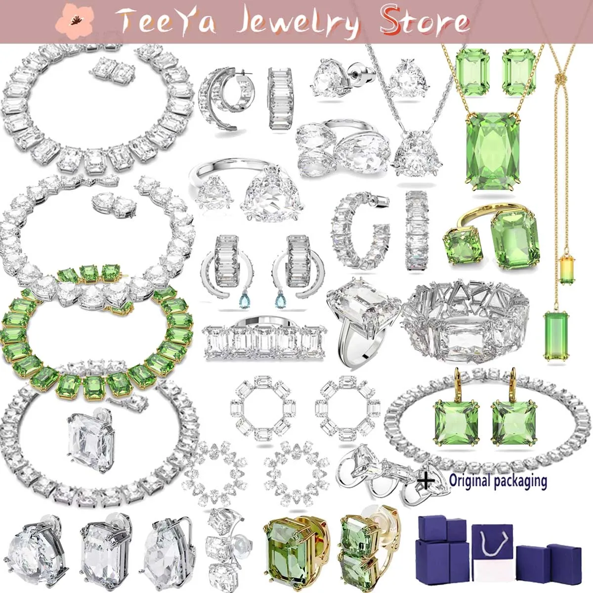 

Original Swa Millenia With Box Packing Trend Bridal Jewelry Set White Green Crystal Name Necklace Bracelet Earrings For Women