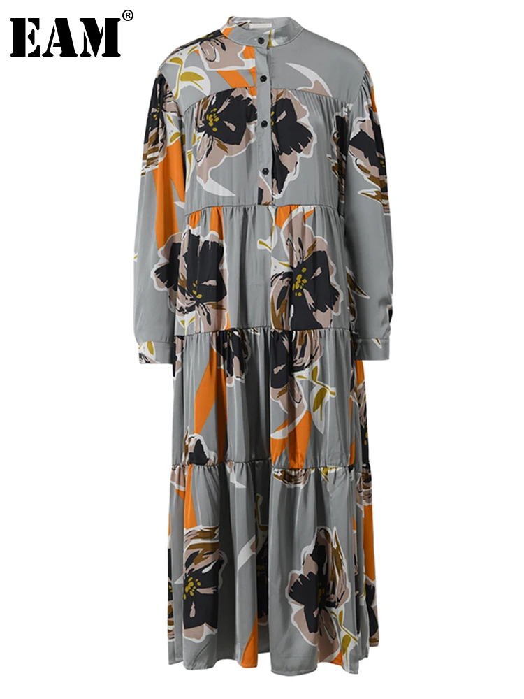 

[EAM] женское длинное платье-рубашка цвета хаки с принтом, большой размер, новинка, стоячий воротник, длинный рукав, свободный крой, весна-осен...