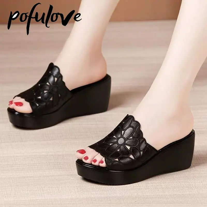 

Pofulove PU Leather Wedge Heel Sandals Women's Thick Soles Summer Black Flowers Comfortable Versatile Muffin Soft Sole Slippers