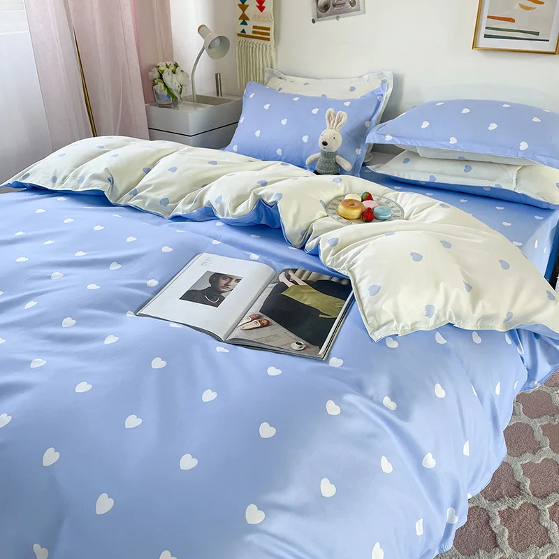 

Cotton 200x230 Duvet Set Girls Lovely Gift Beddings Cartoon Heart Bed Cover Set Blue White Home Bedding Set Yellow Pink Bedsheet