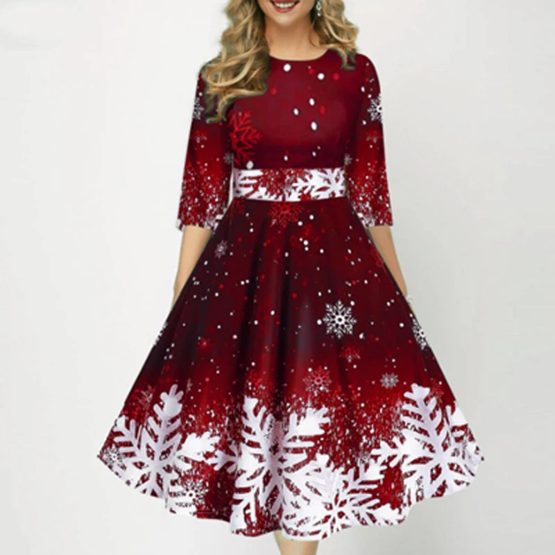 

Christmas Snowflake Print 3/4 Sleeve Dress Casual O Neck High Waist Pleated Dress Female Elegant Swing Pullover Festival Dresses