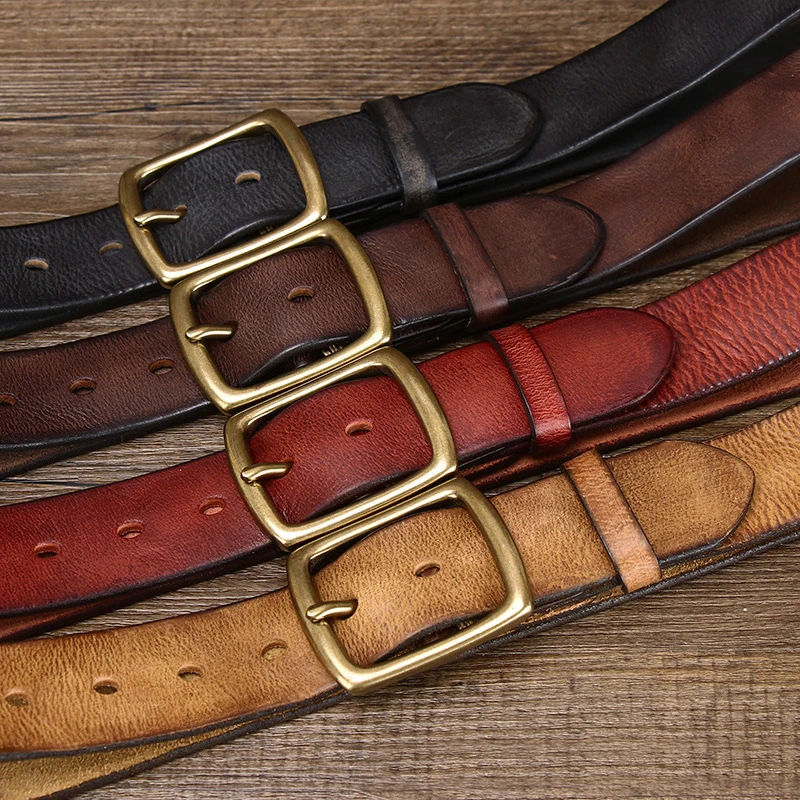 for Men Full Grain Leather Strap High Quality Strap Vintage Copper Buckle Men Belts Luxury Brand Cowskin Genuine Leather Belts