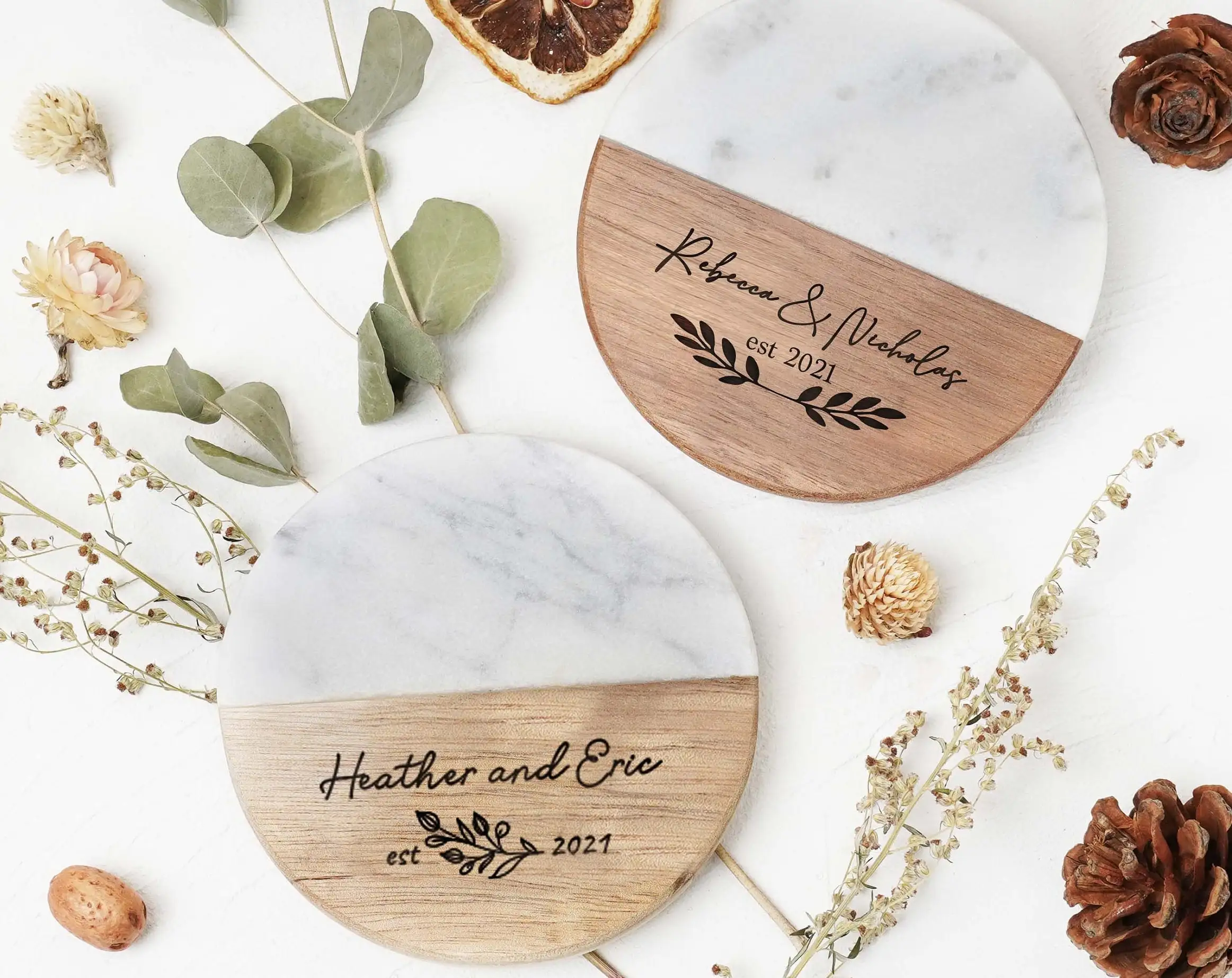 

Custom Round Engraved Marble Wood Coasters Personalized Housewarming Gift Wedding Bridal Shower Gifts with Name & Date