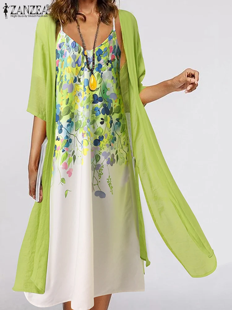 

Women Bohemian Summer Sundress Casual Straps Beach Holiday Vestidos 2PCS Floral Printed Dress and Half Sleeve Cardigan ZANZEA