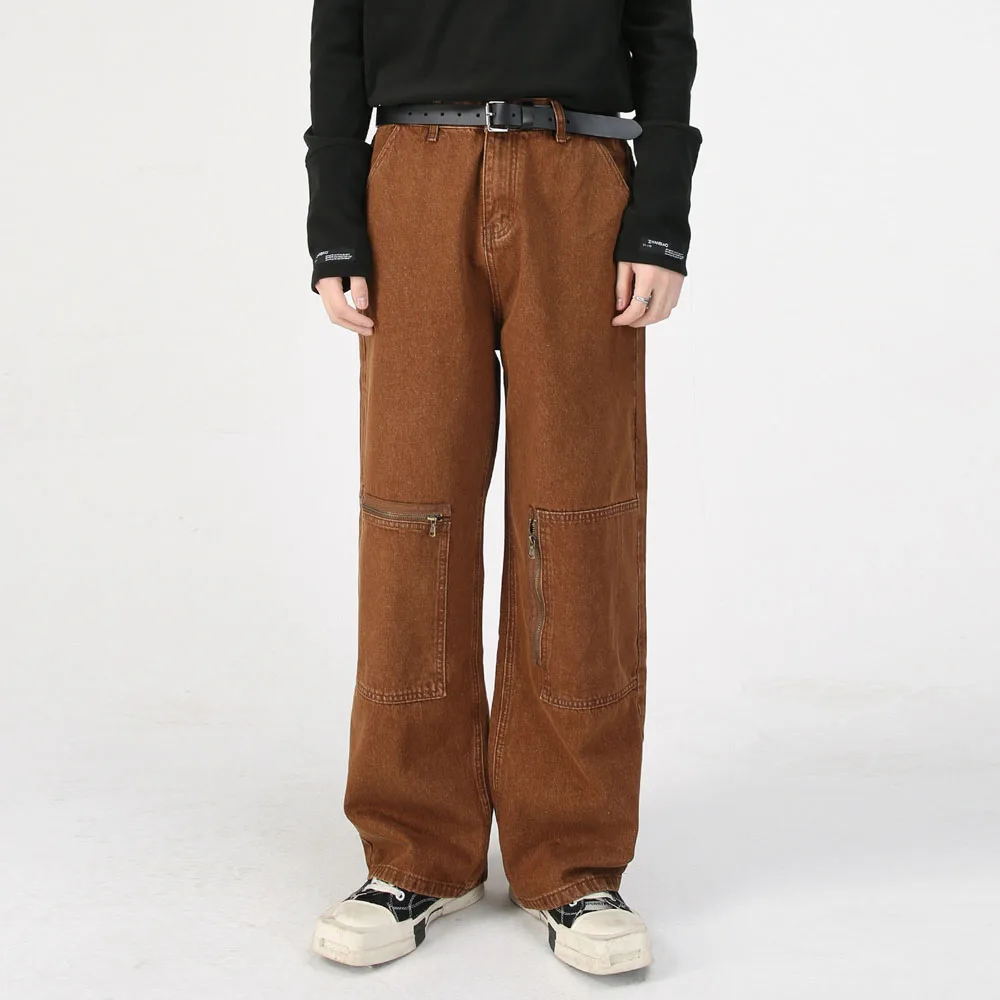 

Brown Zipper Pocket Jeans for Men Korean Streetwear Fashion Loose Casual Vintage Washed Wide Leg Denim Jeans Pants Man Trousers