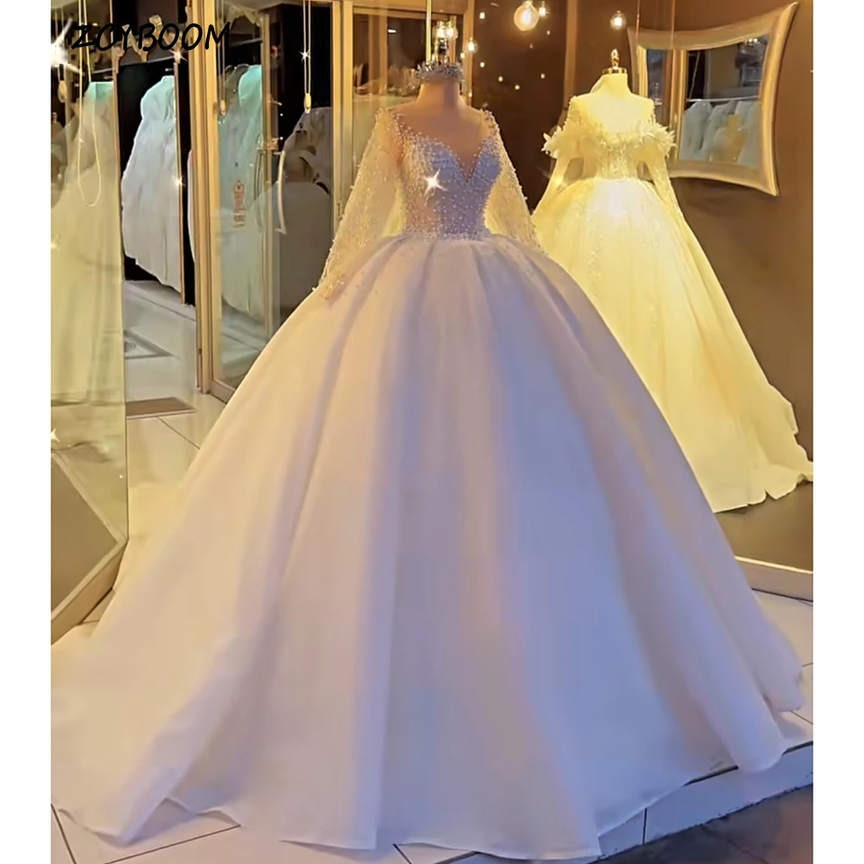 

Gorgeous O-Neck Sequin Pearls White Wedding Dress 2023 Ball Gown Floor Length Sweep Train Zipper Custom Made Bridal Gown