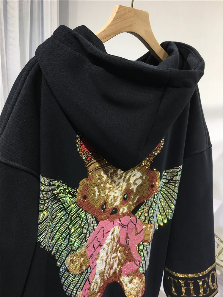 Sparkling Hot Drilling Cartoon Thicken Wadded Jackets Keep Warm Hooded Zip Cardigans Coat Streetwear Mid-length Cotton-padded