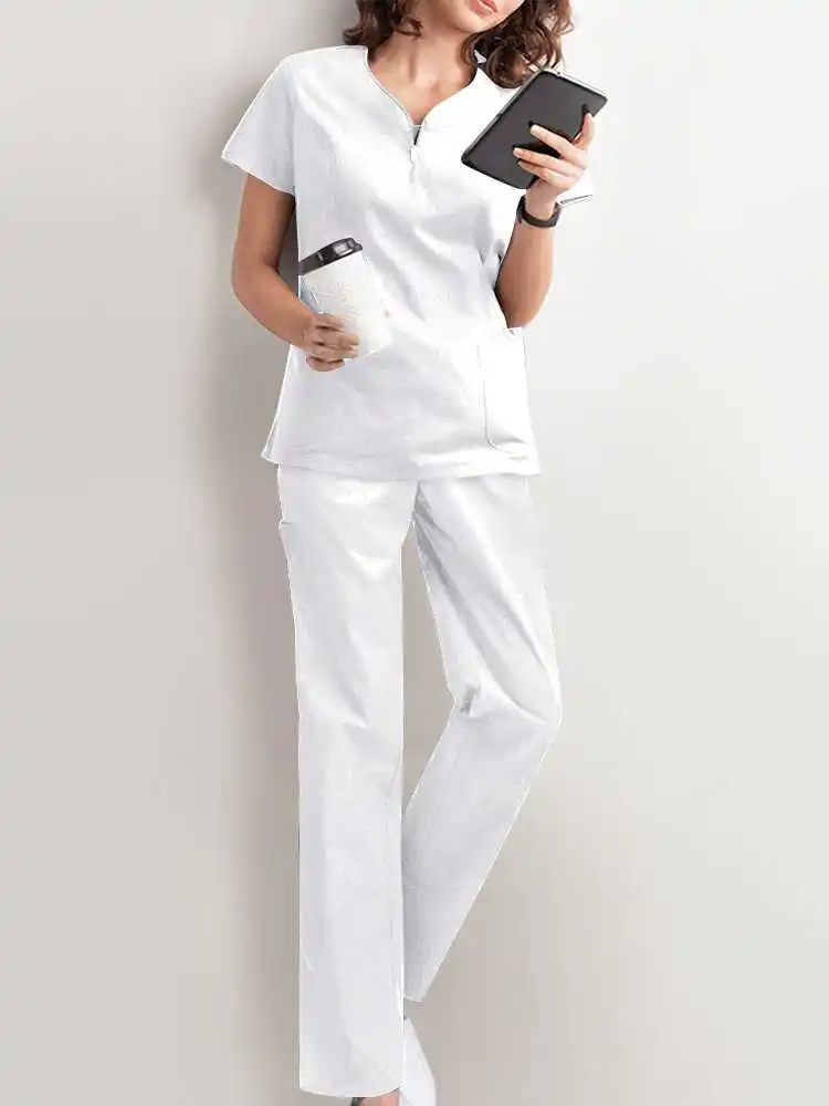 

Scrubs Set Uniform Nurse Workwear Nursing Top And Pant Women Men Solid Color Chlorine Bleach Resistance Heathered Working Suit